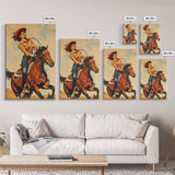 Dynamic Cowgirl on Horseback in Action | Framed Canvas Print | Western Wall Art | Living Room Decor | Rustic Home Decor