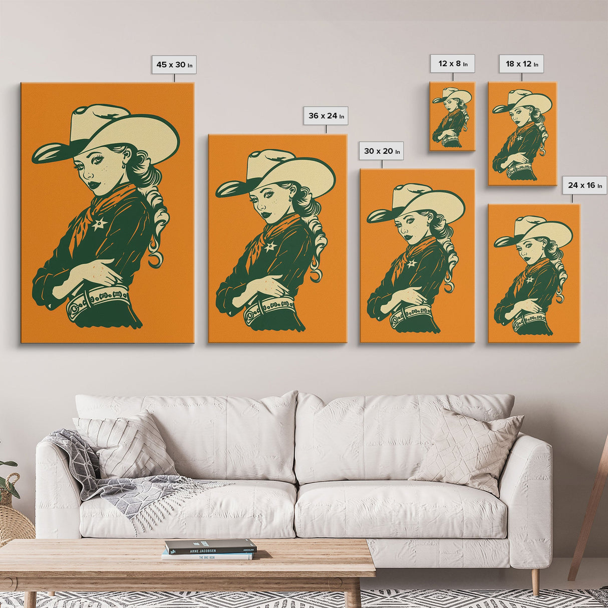 Elegant Retro Cowgirl with Hat Illustration | Framed Canvas Print | Vintage Western Art | Stylish Cowgirl Wall Art for Living Room