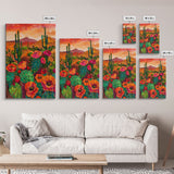 Southwest Desert Landscape with Cacti and Flowers, Colorful Wall Art for Living Room or Bedroom, Framed Canvas Print