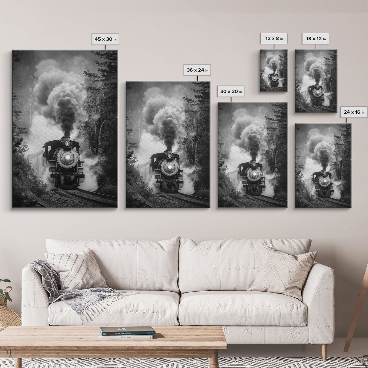 Steam Locomotive in the Forest Black and White Photography - Framed Canvas Print, Railroad Art, Vintage Train Wall Art for Home