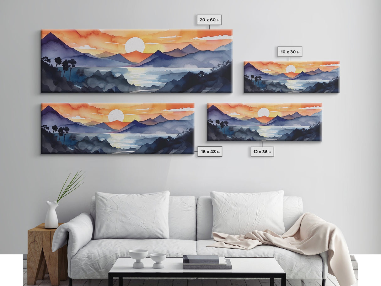 Midcentury Modern Watercolor Painting of a Mountain Sunset, Large Canvas Print, Mountain Artwork, Guest Room Art, Mountain Print, Panoramic