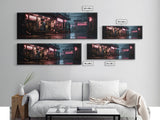 Panoramic Tokyo Streets Wall Art, Framed Canvas Print, Retro Style Japanese Painting, Winter Decor, Panoramic Art, office décor, room décor