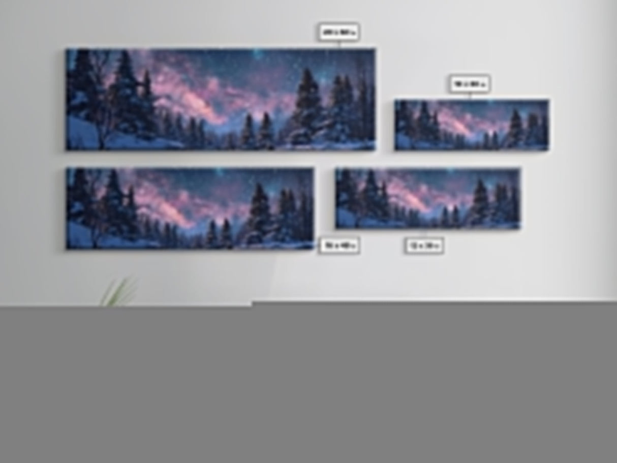 Starry Night Northern Lights, Framed Canvas Print, Beautiful Night Sky Over A Snow Capped Forest, Winter Landscape Painting, Purple Skies