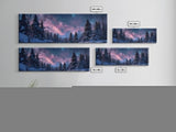 Starry Night Northern Lights, Framed Canvas Print, Beautiful Night Sky Over A Snow Capped Forest, Winter Landscape Painting, Purple Skies