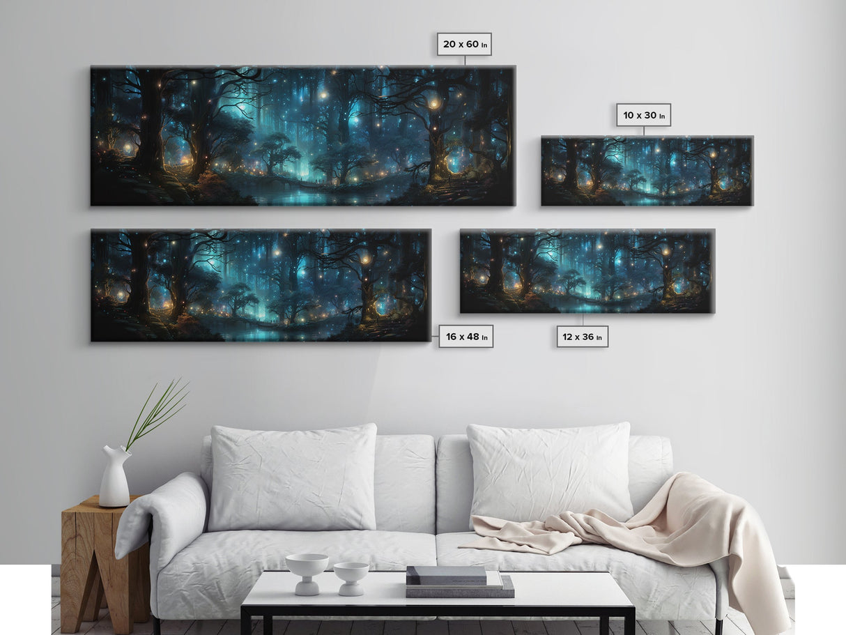 Fantasy Forest Print - Lightning Bugs Light Up The Forest At Night - Framed Canvas Print - Beautiful Fantasy Art - Framed Wall Art Fireflies