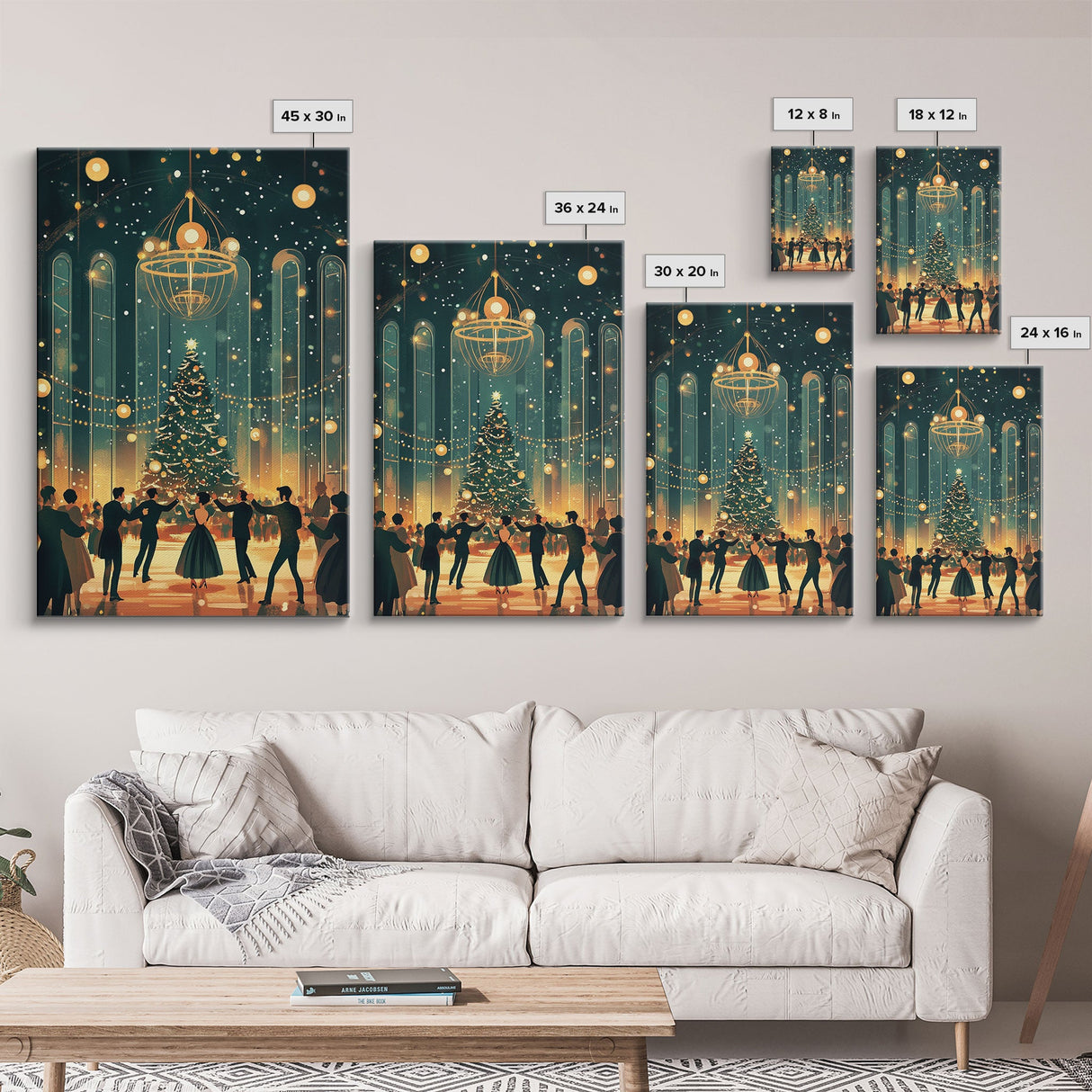 Elegant Ballroom Christmas Dance Scene with Holiday Lights and Decorations, Perfect Holiday Decor for Winter Wonderland, Framed Canvas Print