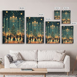 Elegant Ballroom Christmas Dance Scene with Holiday Lights and Decorations, Perfect Holiday Decor for Winter Wonderland, Framed Canvas Print