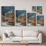 Christmas Carousel at a Snowy Night Market with Festive Lights and Ornaments, Framed Canvas Print for Christmas Wall Decor