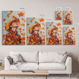 Cowboy Fall Decor Canvas Print with Windblown Leaves, Rustic Farmhouse Autumn Holiday Wall Art Seasonal Gift Idea 2024