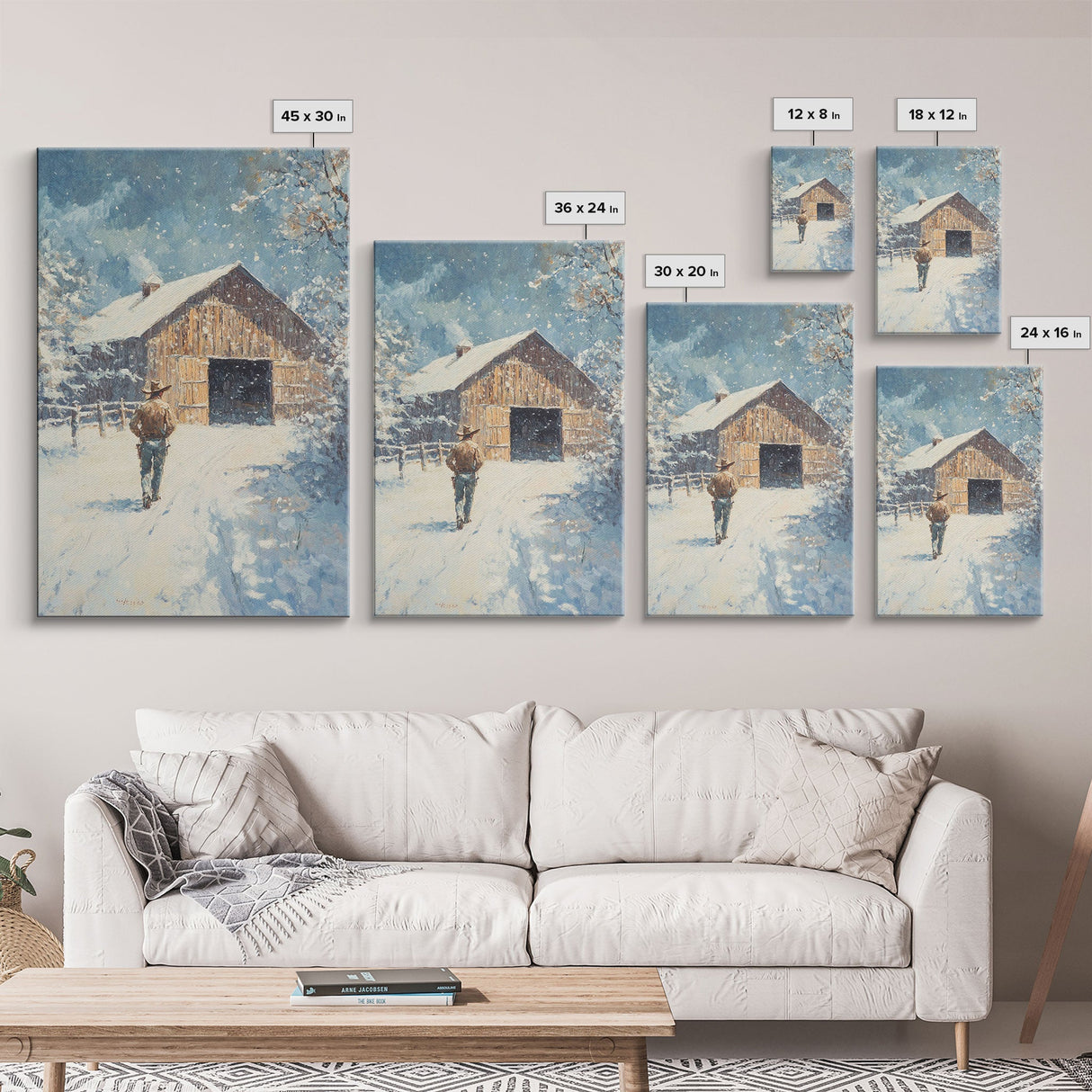 Cowboy Walking in Snow Scene Framed Canvas Print - Moody Landscape Art for Winter Home Decor 2024 Rustic Winter Wall Art