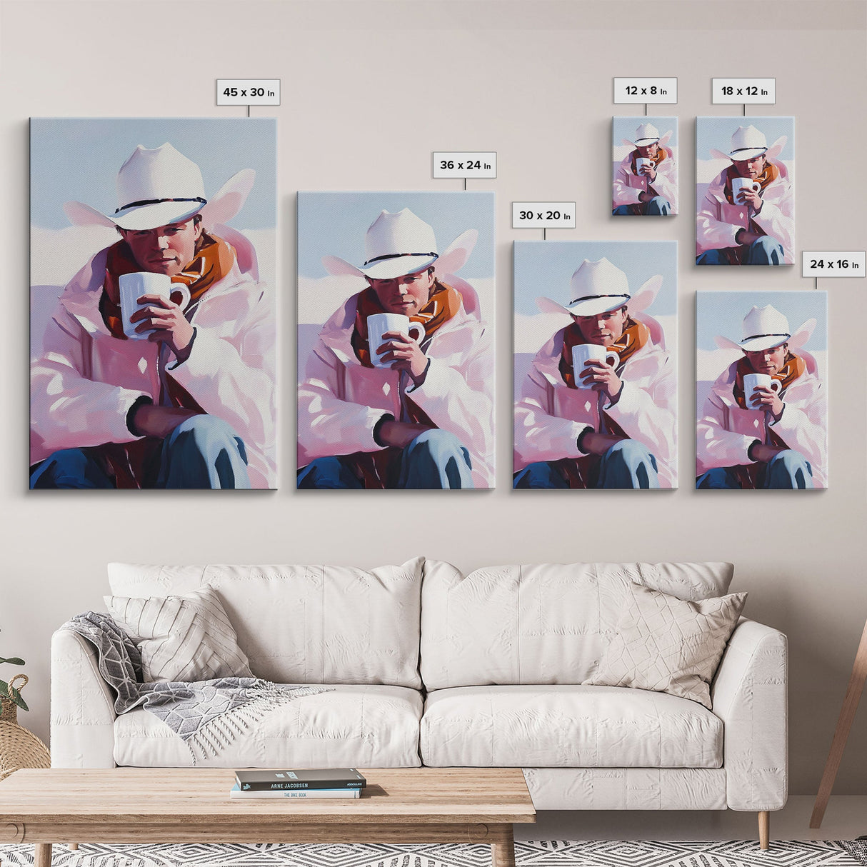 Cowboy with Mug in Snow Framed Canvas Print - Winter Country Scene Art Best 2024 Christmas Wall Decor Gift Idea