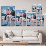 Female Cowboy Riding Through Winter Mountains Framed Canvas Print Christmas Wall Art Winter Wonderland Vintage Christmas Gift Wall Art