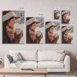 Framed canvas print of a peaceful winter scene with a woman a hot chocolate perfect for holiday gift idea or rustic Christmas wall art decor
