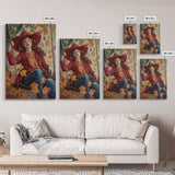 Fall Cowgirl Enjoying Her Swing, Framed Canvas Print, Autumn Decor, Cute Wall Art Gift Idea