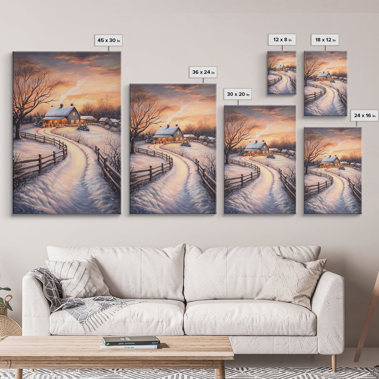 Snowy Path Leading To House Framed Canvas Print Wall Art Christmas Decor, Winter Holiday Art Gift, Cozy Christmas Wall Art