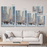 Historical City Winter Framed Canvas Print, Snowy Urban Landscape with Carriages and Victorian Architecture, Elegant Christmas Wall Art