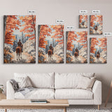 Cowboy riding through autumn forest, Framed Canvas Print, fall landscape wall art, western style decor for cozy homes, perfect gift idea