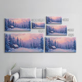 Cozy Cabin Surrounded By Winter Trees Tall Art Framed Canvas Print Serene Snowy Forest Cabin Landscape With Warm Interior Lights