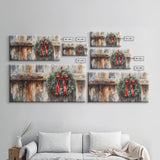 Rustic Wreath Red Ribbon Canvas Print Christmas Door Decor Farmhouse Christmas Wall Art Framed Canvas Print Christmas Outdoor Decor