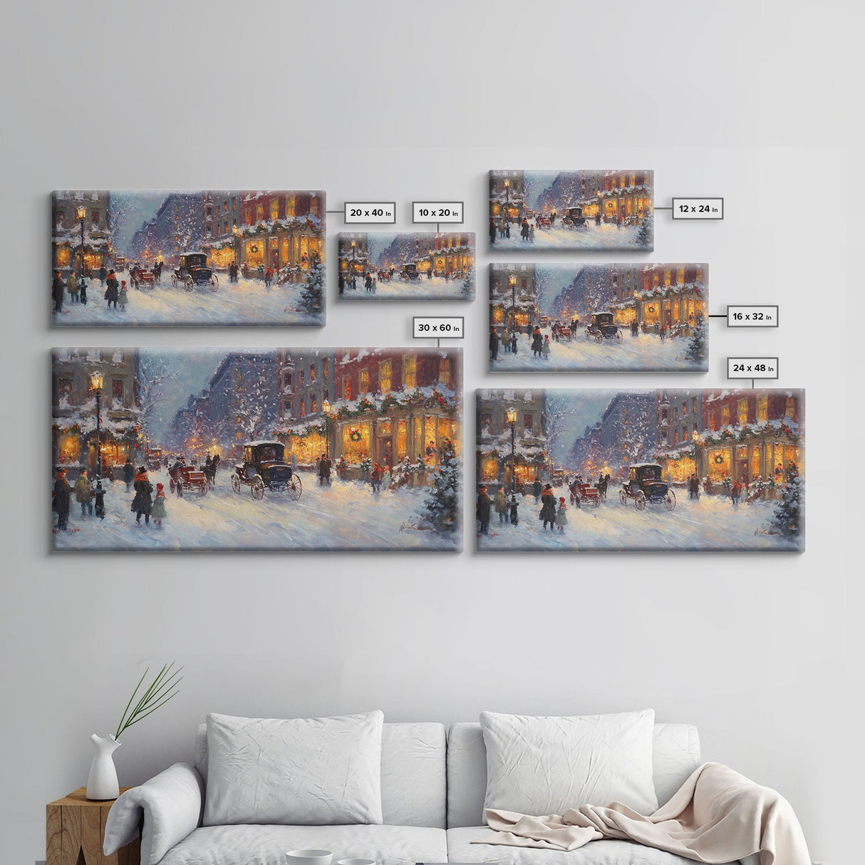 Victorian Christmas Market Tall Art Framed Canvas Print Winter Street Scene With Holiday Decorations And Horse-Drawn Carriages In Snow