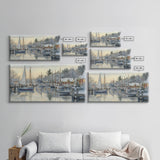 Snowy Boats at a Festive Pier Scene, Framed Canvas Print, Coastal Christmas Decor, Art, Winter Wonderland, Nautical Christmas Wall Print