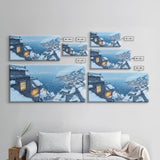 Snowy Village by the Sea, Framed Canvas Print, Nautical Christmas Art, Winter Wonderland, Coastal Christmas Decor, Holiday Wall Print