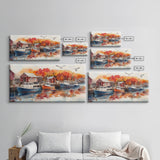 Fishing boats in harbor with autumn trees, framed canvas print, fall coastal art, rustic nautical decor, perfect gift idea, autumn wall art