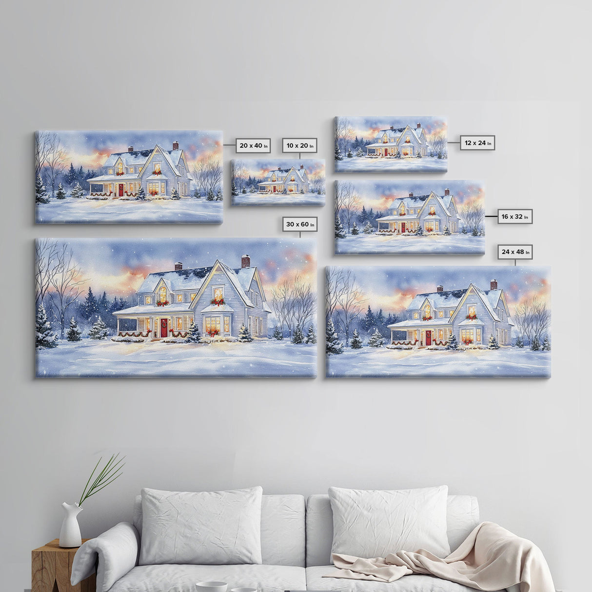 Cozy Winter House with Snowy Landscape, Christmas Decor, Framed Canvas Print, Farmhouse Christmas Decor, Seasonal Wall Art, Gift Idea