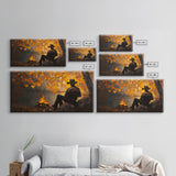 Cozy autumnal Framed Canvas Print featuring a woman with a mug, surrounded by vibrant fall leaves, perfect seasonal wall art for cozy spaces