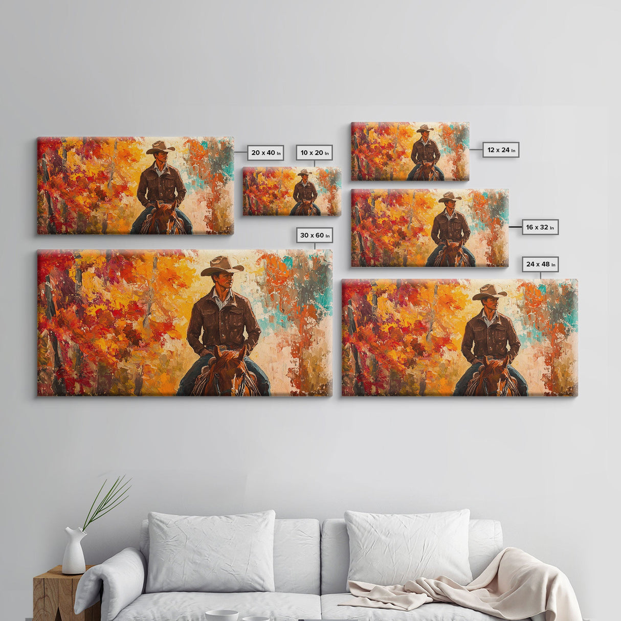 Cowboy Riding Through The Autumn Trees, Framed Canvas Print, Rustic Farmhouse Wall Art, Boho Style Seasonal Watercolor Painting