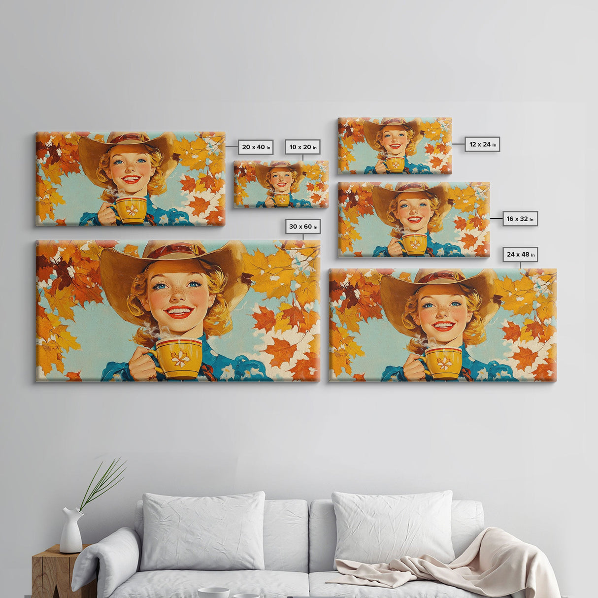 Happy Cowgirl Enjoying Hot Cocoa, Framed Canvas Print, Cute Fall Decor, Rustic Farmhouse Wall Art, Retro Style Trendy Autumn Decor