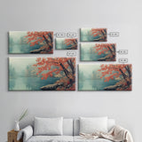 Fall On The Lake, Watercolor Landscape Painting Framed Canvas Print, retro holiday decor wall art with nostalgic vibe