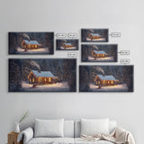 Cozy Cabin in Snow Framed Canvas Print, Winter Wonderland Scene Art, Rustic Christmas Decor, Holiday Wall Art, Seasonal Gift Idea