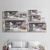 Rustic Urban Wreath Holiday Decor Framed Canvas Print, Christmas Scene with Snowfall and Graffiti Wall Perfect Holiday Wall Art