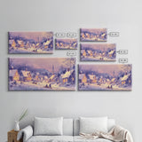 Serene Christmas Village Framed Canvas Print, Snowy Winter Landscape with Families Sledding in a Cozy Neighborhood Holiday Art