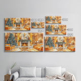 Luxurious Christmas Living Room Framed Canvas Print, Golden Holiday Decor with Christmas Tree and Fireplace Winter Wall Art