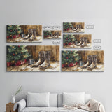 Christmas Cowboy Boots By Tree Framed Canvas Print Tall Art Rustic Western Christmas Decor Farmhouse Holiday Wall Art Cowboy Holiday Gift
