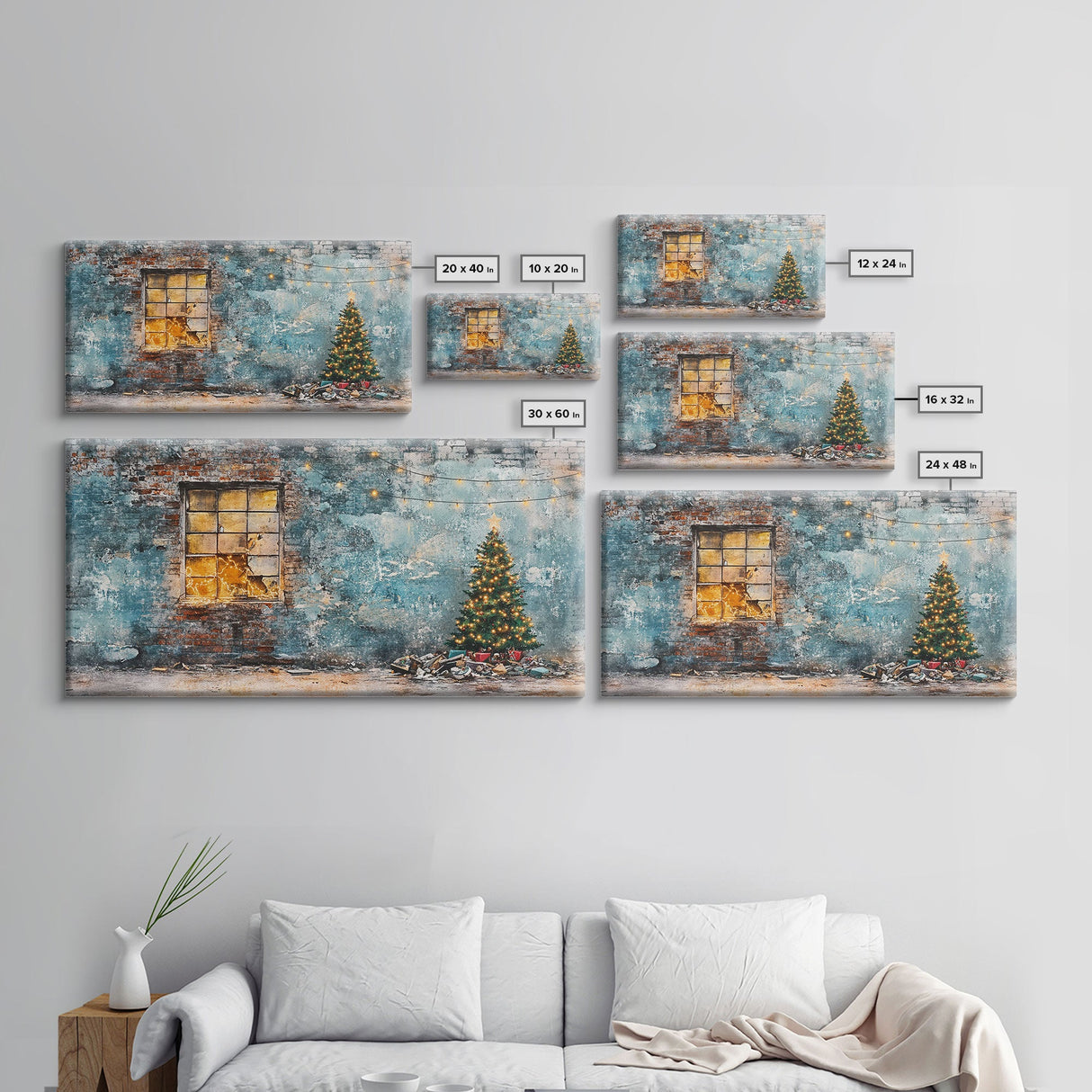 Rustic urban Christmas wall art with a glowing window and decorated tree, framed canvas print perfect seasonal decor, winter holiday display