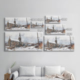 Snowy church scene framed canvas print, stained glass church in winter with snow-covered rooftops, perfect Christmas or holiday art display