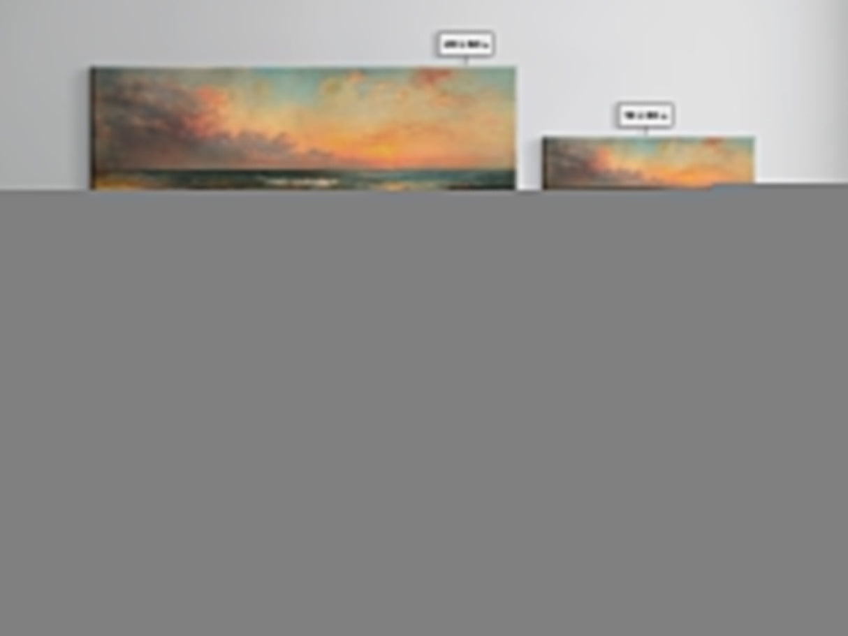 North Beach at Sunset, Framed Canvas Print, Beautiful Panoramic Seascape Painting, Boho / Minimalist Home Decor, Rustic Beach Art