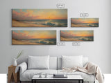 Ocean Waves Crash Into a Hidden Beach at Sunset, Framed Canvas Print, Panoramic Boho Seascape Painting