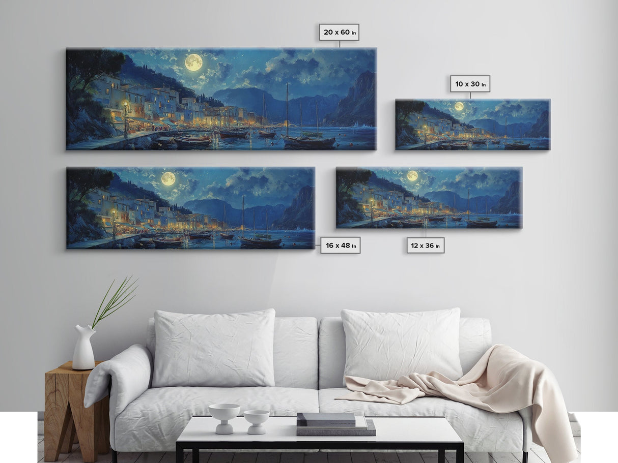 Midnight in Portofino - Full Moon - Italian Oil Painting Canvas Print - Whimsical / Eclectic Landscape Painting - Minimalist Boho Home Decor