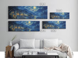 Italian Fishing Village at Midnight Under a Full Moon, Framed Canvas Print, Panoramic Wall Art, Eclectic Boho Home Decor, Wide Oversized Wall Art