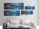 Greece at Midnight - Framed Canvas Print - Greek Fishing Village Under a Full Moon - Boho Wall Art - Moody Landscape Painting