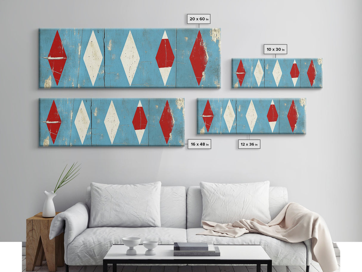 Red & White Diamonds - Framed Canvas Print - Rustic / Distressed MCM Mashup Home Decor - Turquoise Background