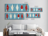 Red & White Diamonds - Framed Canvas Print - Rustic / Distressed MCM Mashup Home Decor - Turquoise Background