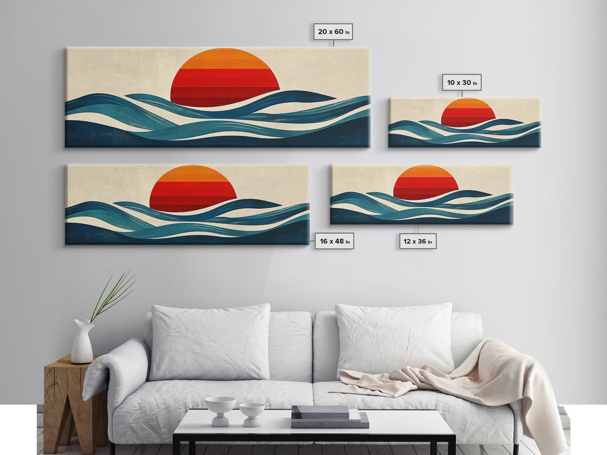 Retro Art Deco Sunset over The Ocean, Framed Canvas Print, Vector Image Style Artwork, Wood Frame, Boho / Eclectic Home Decor, Minimalist Decor