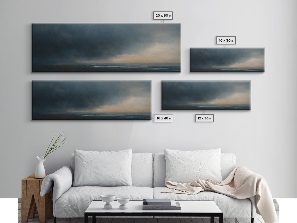 Framed Moody Wall Art, Panoramic Seascape On a Stormy Day - Dark Decor - Cloudy Sky Art - Above Bed Decor, Above Sofa Painting