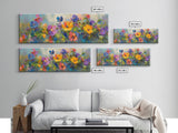 Wildflowers Field Framed Canvas Print Oil Painting, Long Horizontal Art, Vintage Spring Meadow Landscape, Panoramic Landscape Print