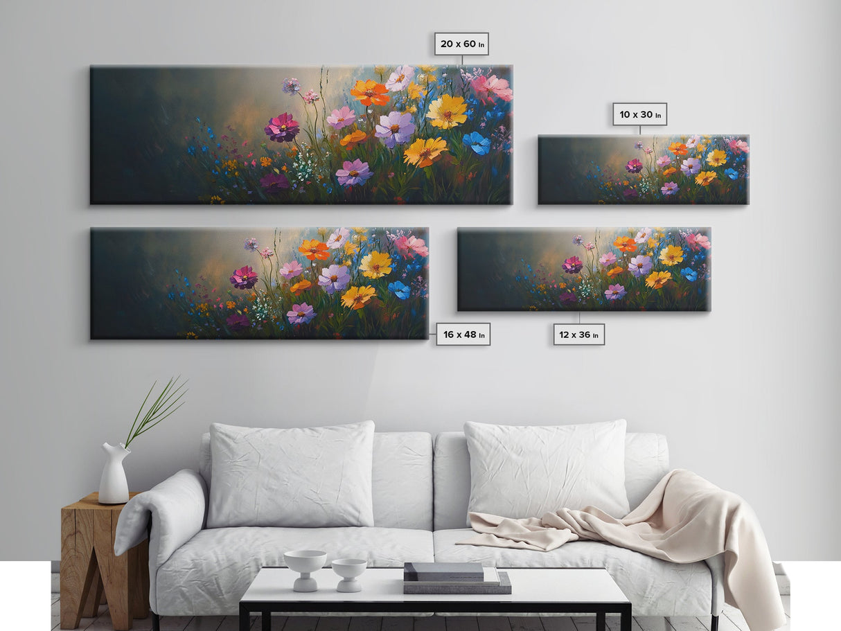 Wildflowers In a Thunder Storm, Framed Canvas Print, Colorful Botanical Print, Field of Wildflowers Canvas Art, Dark Floral Landscape Wide Art